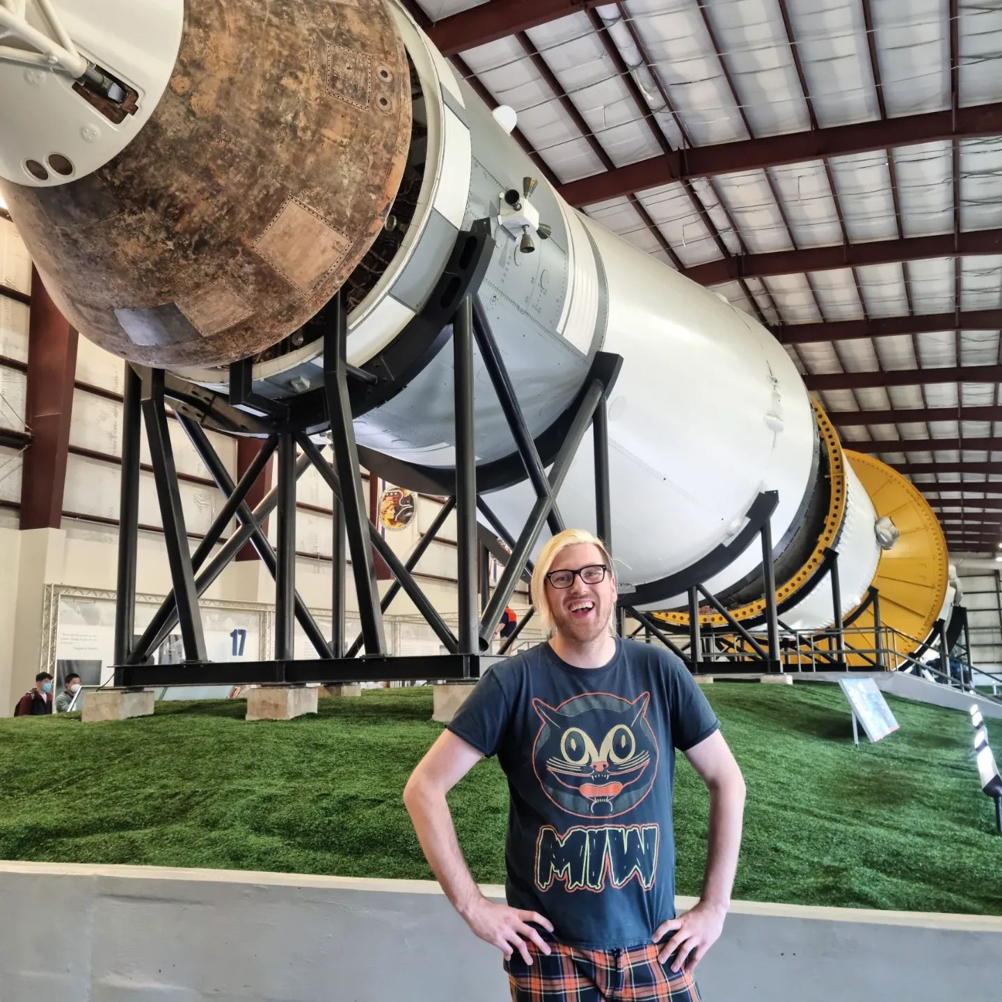 Jake in front of a Saturn V based at the Houston Space Centre